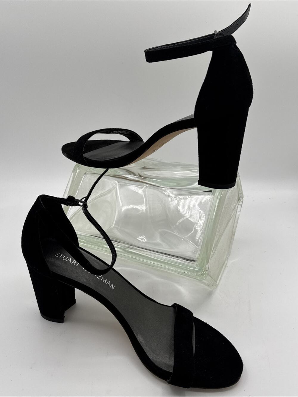 Stuart Weitzman NearlyNude Black Suede Block Heel Sandals Size 7.5 Women